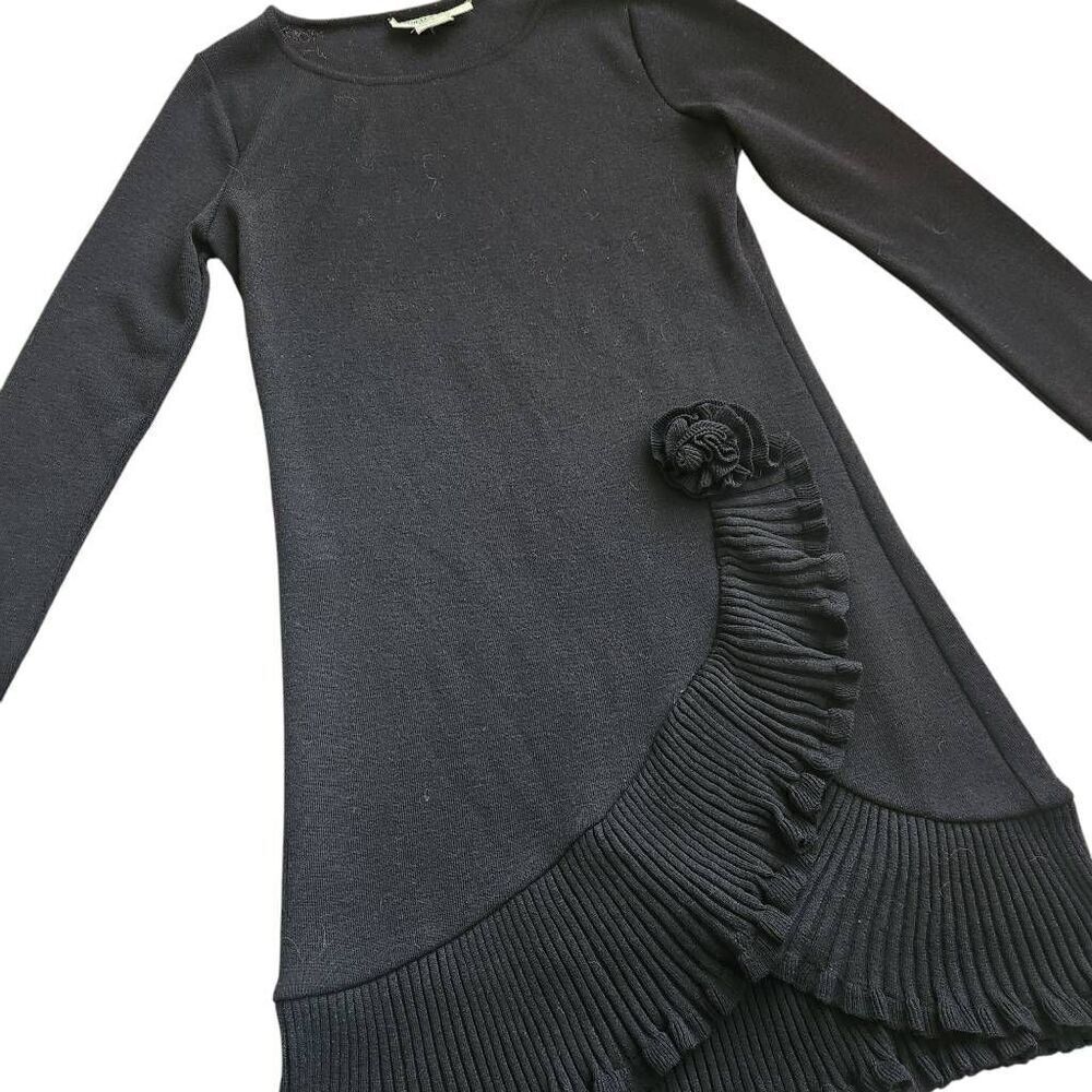 Mariella Burani Dress Womens 12 Large 100% Wool Sweater Dress Floral Fall Black